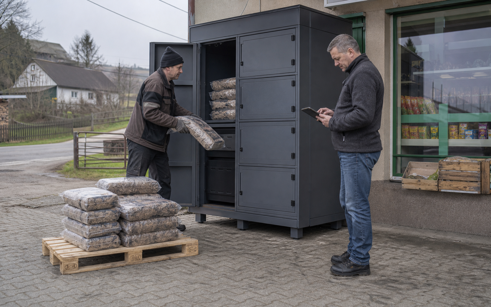 Uzupełnianie zapasu brykietu w automacie przy sklepie
